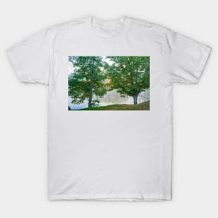 Two oak trees on edge in early morning fog j T-Shirt